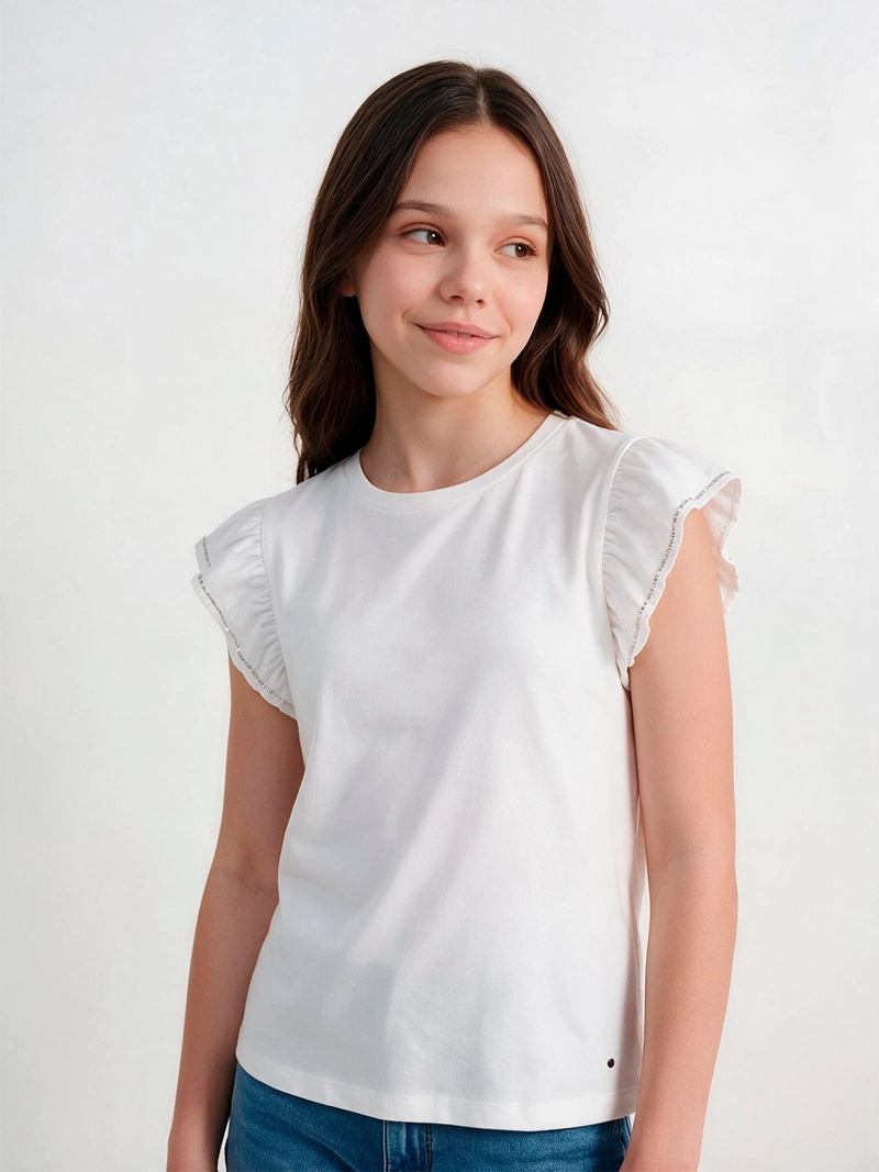 POLERA NIÑA INDEX TEEN ALGODÓN MANGA CORTA VUELOS LENTEJUELAS