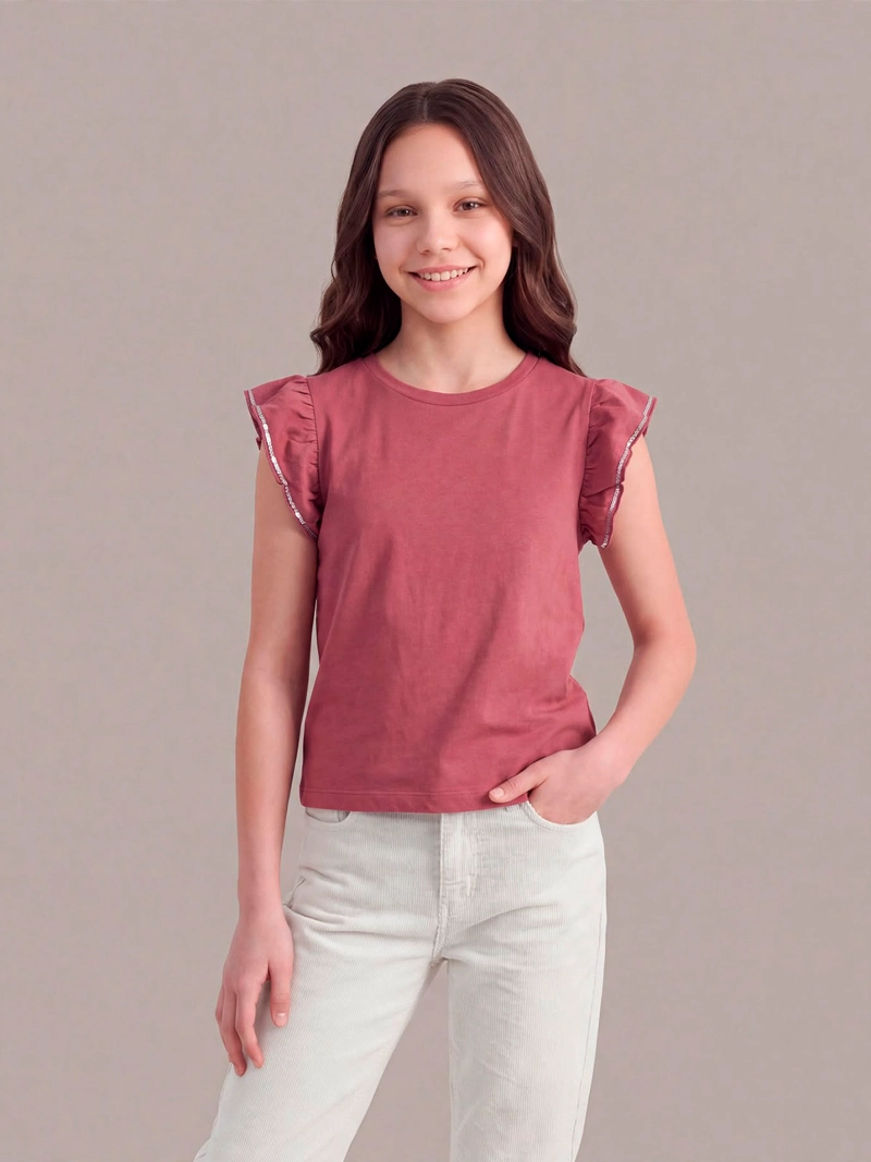 POLERA NIÑA INDEX TEEN ALGODÓN MANGA CORTA VUELOS LENTEJUELAS