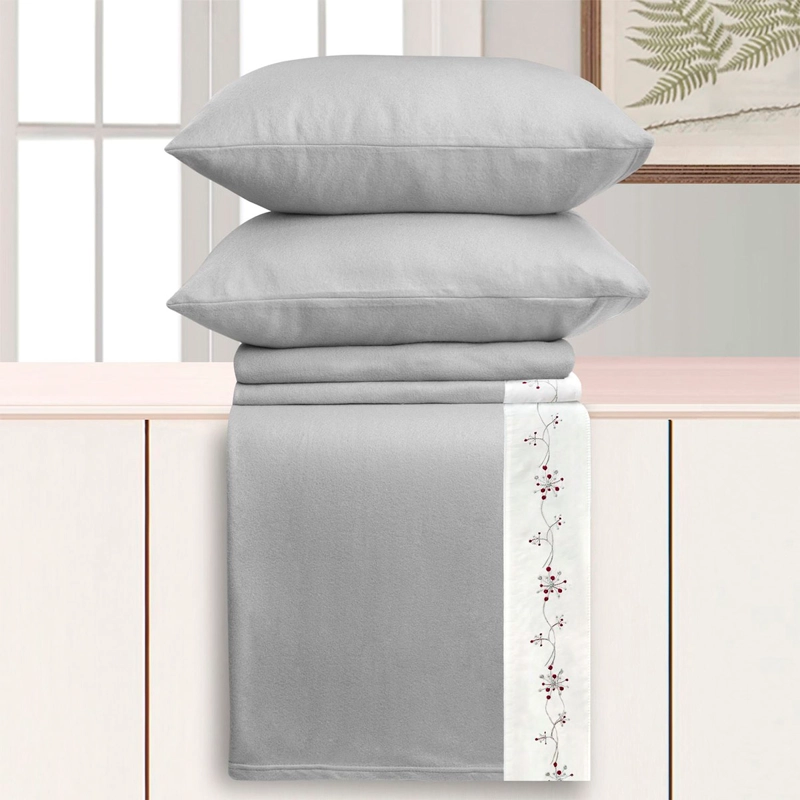 JUEGO DE SÁBANAS ANDES POLAR BORDADA FLOR 2 PLAZAS GRIS - 3