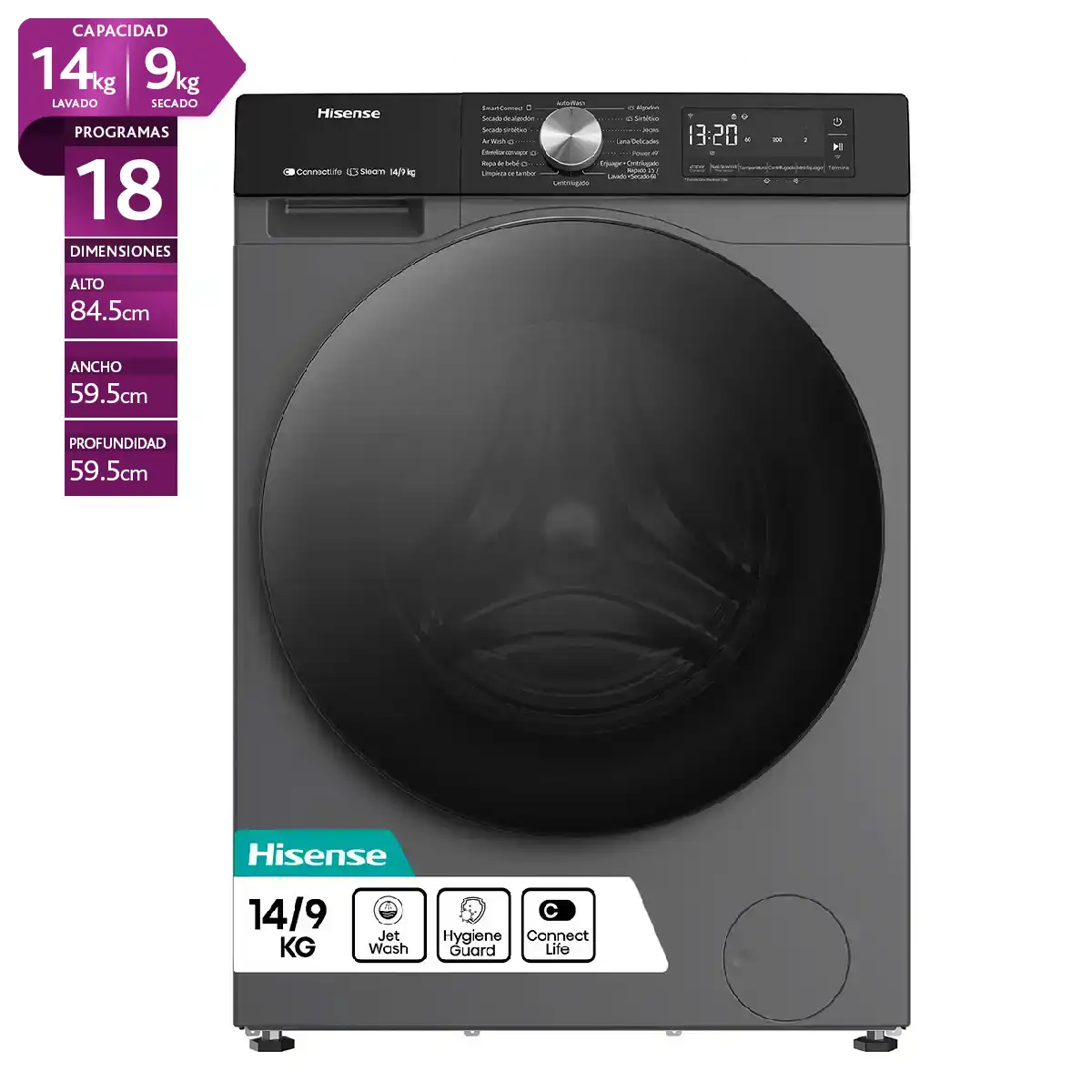 LAVADORA SECADORA HISENSE WD3S1443BT2 14KG 9KG GRAFITO - 1