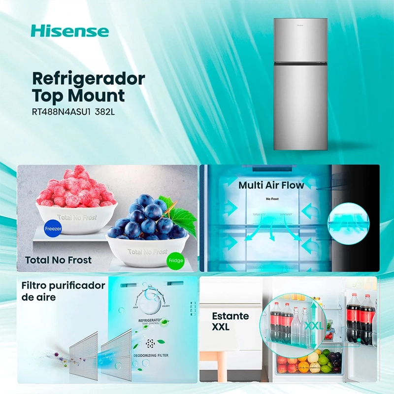 REFRIGERADOR TOP FREEZER HISENSE RT488N4ASU1 382L NO FROST PLATA - 4
