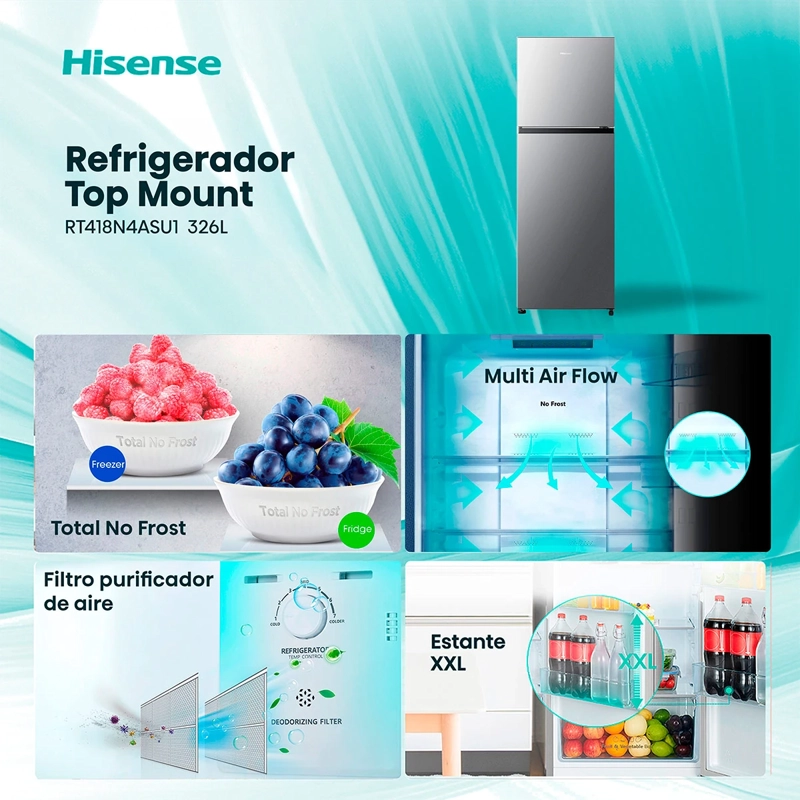 REFRIGERADOR TOP FREEZER HISENSE RT418N4ASU1 326L NO FROST PLATA - 3
