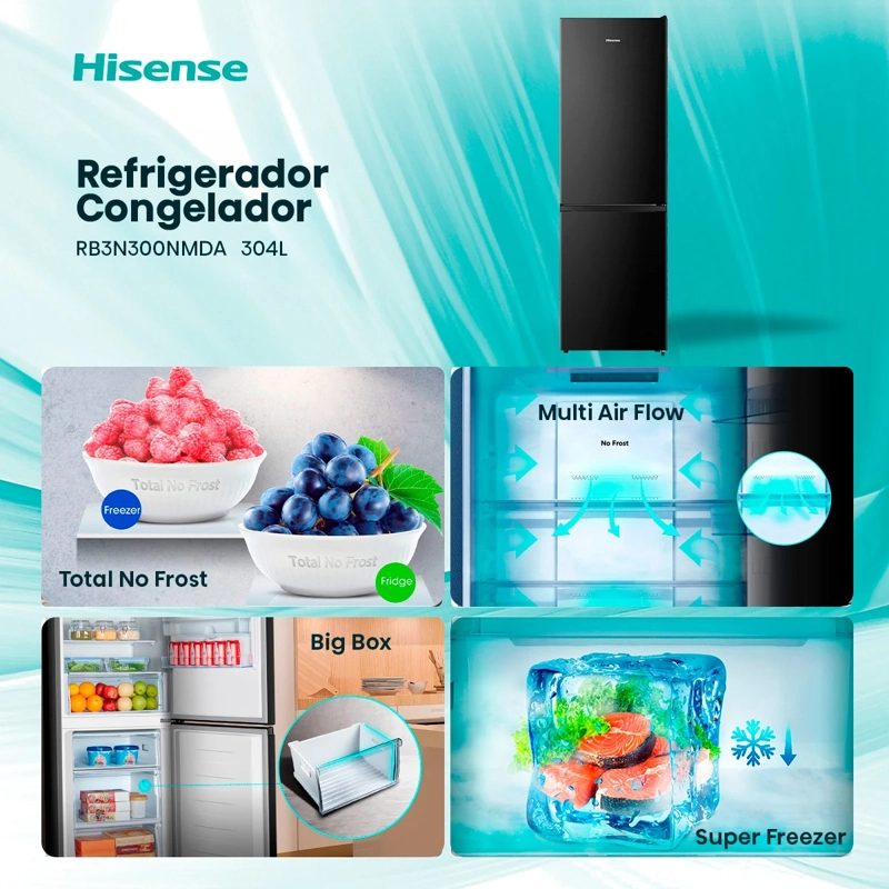 REFRIGERADOR BOTTOM FREEZER HISENSE RB3N300NMDA 304L NO FROST NEGRO - 5