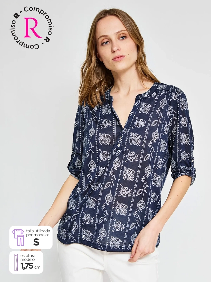 POLERA MUJER AZIZ MANGA 3/4 ESTAMPADA BÁSICA