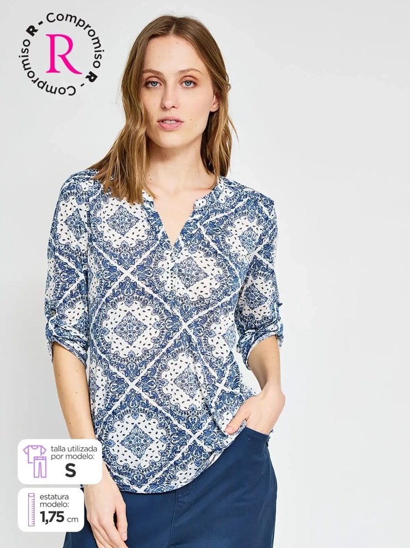 POLERA MUJER AZIZ MANGA 3/4 ESTAMPADA BÁSICA