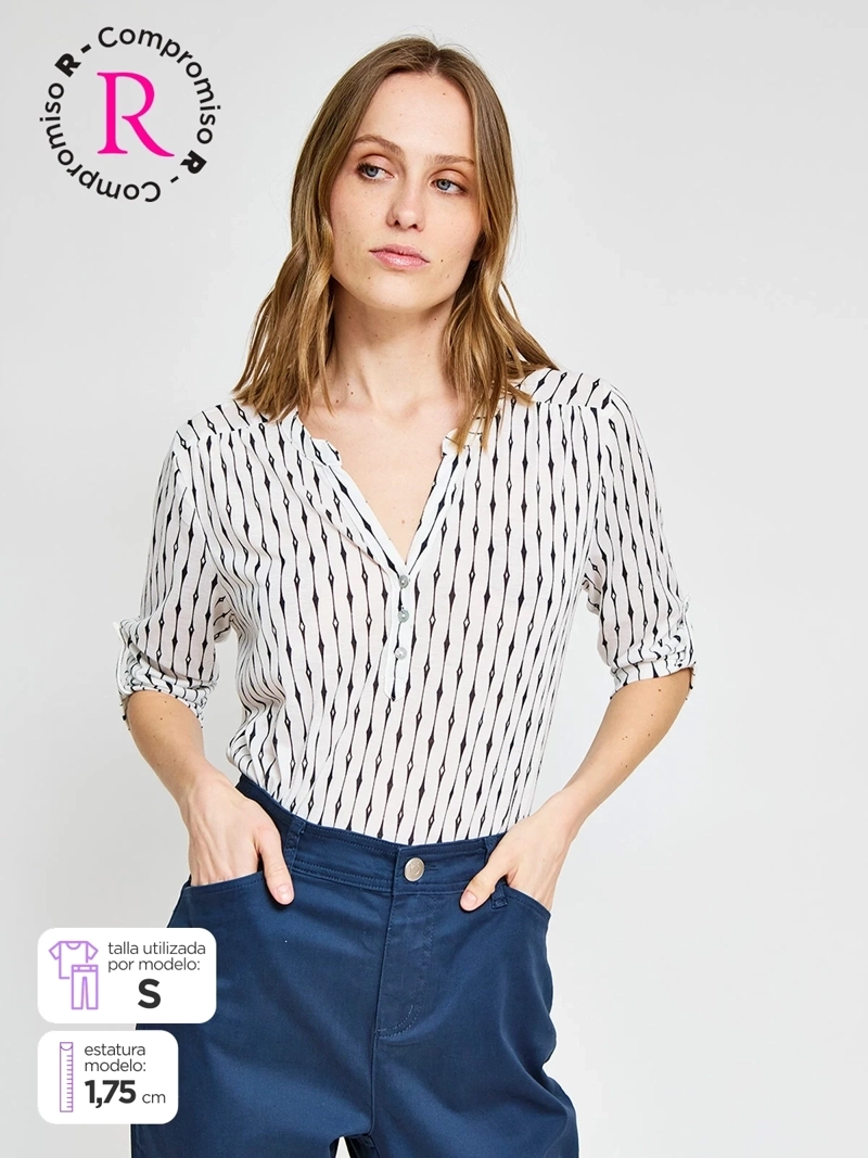 POLERA MUJER AZIZ MANGA 3/4 ESTAMPADA BÁSICA
