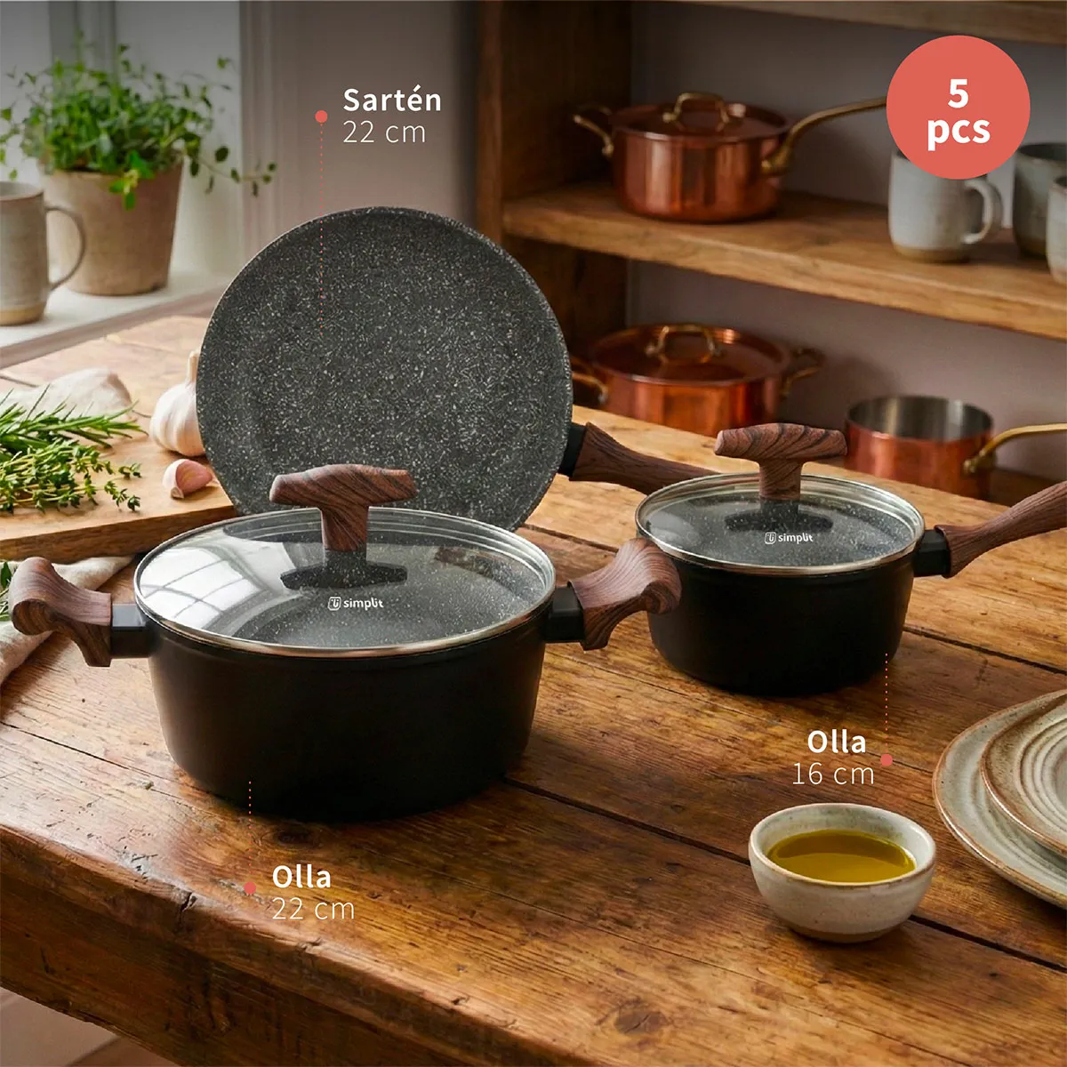 BATERÍA DE COCINA SIMPLIT OREGON ANTIADHERENTE 5 PIEZAS NEGRO - 6