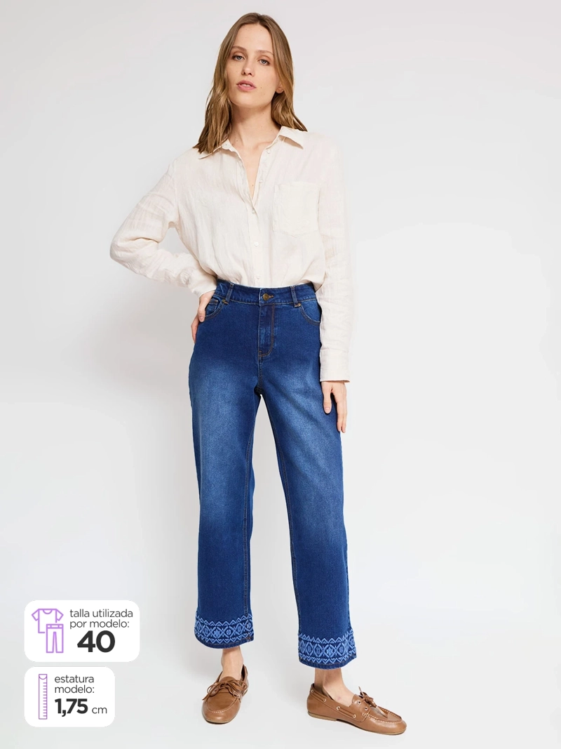 JEANS MUJER AZIZ ALGODÓN RECTO BORDADO