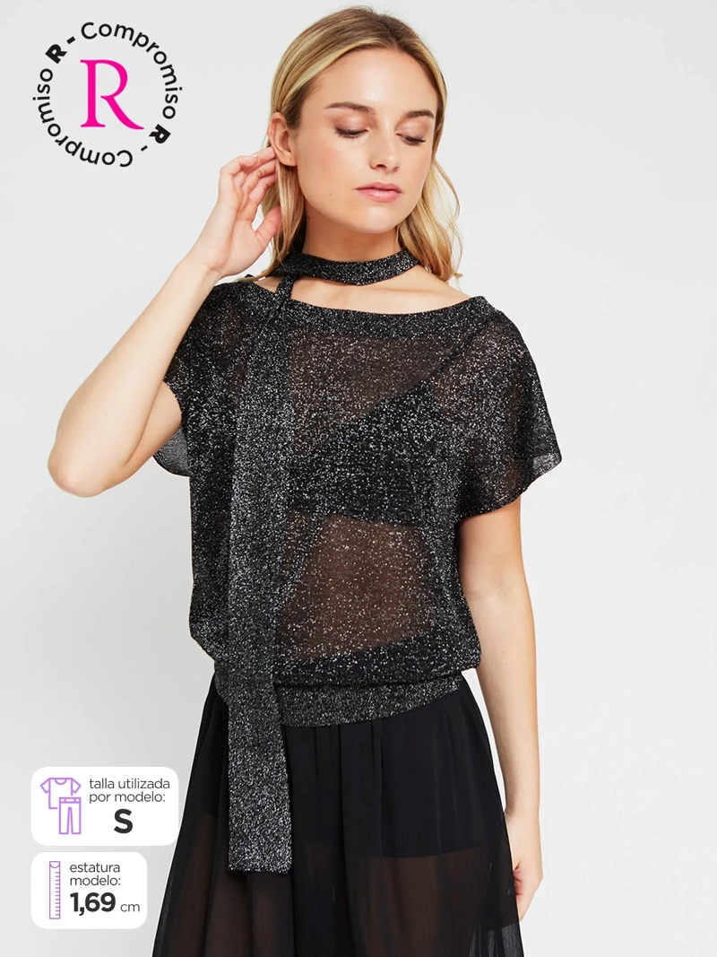 POLERA MUJER INDEX ESCOTE DRAPEADO MANGA CORTA BRILLOS