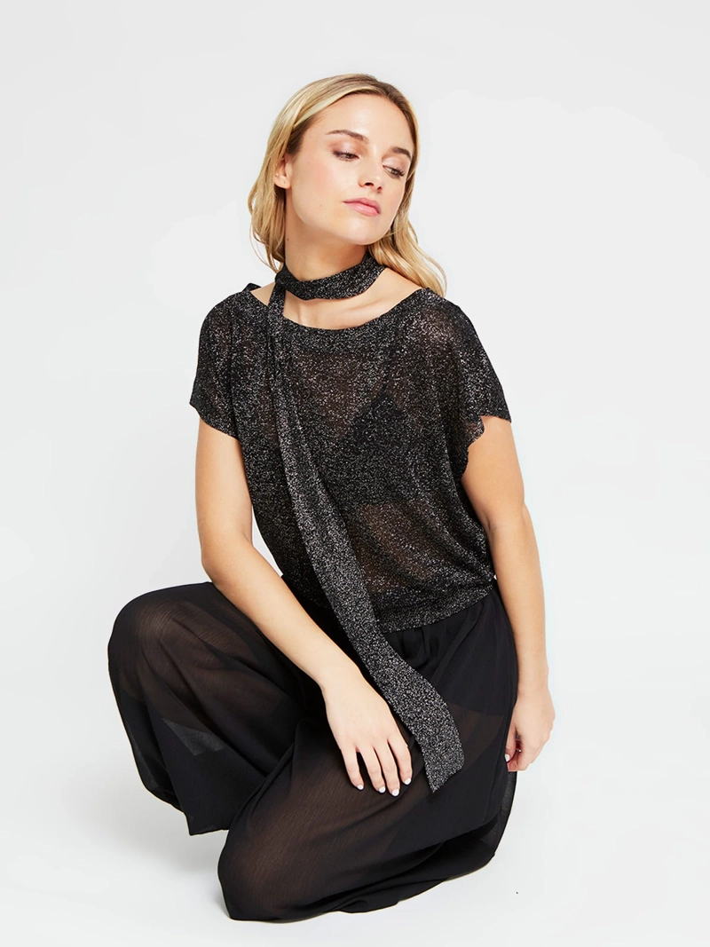 POLERA MUJER INDEX ESCOTE DRAPEADO MANGA CORTA BRILLOS - 4