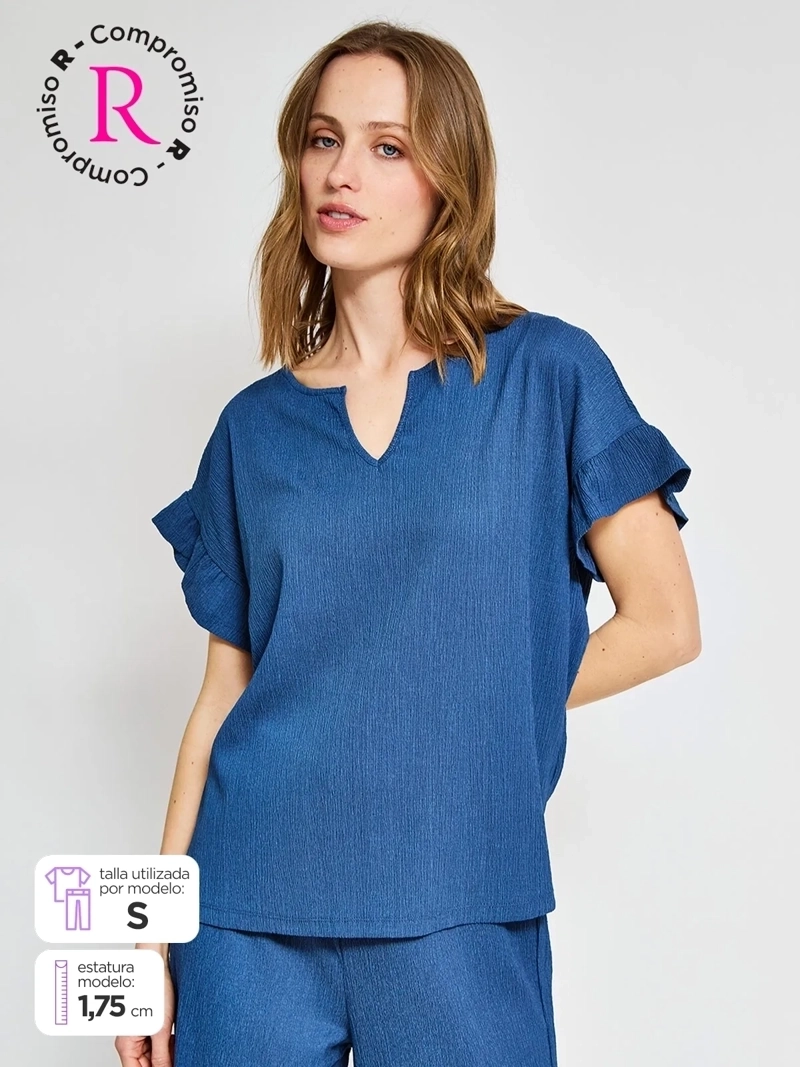 POLERA MUJER AZIZ MANGA CORTA VUELOS TEXTURADA