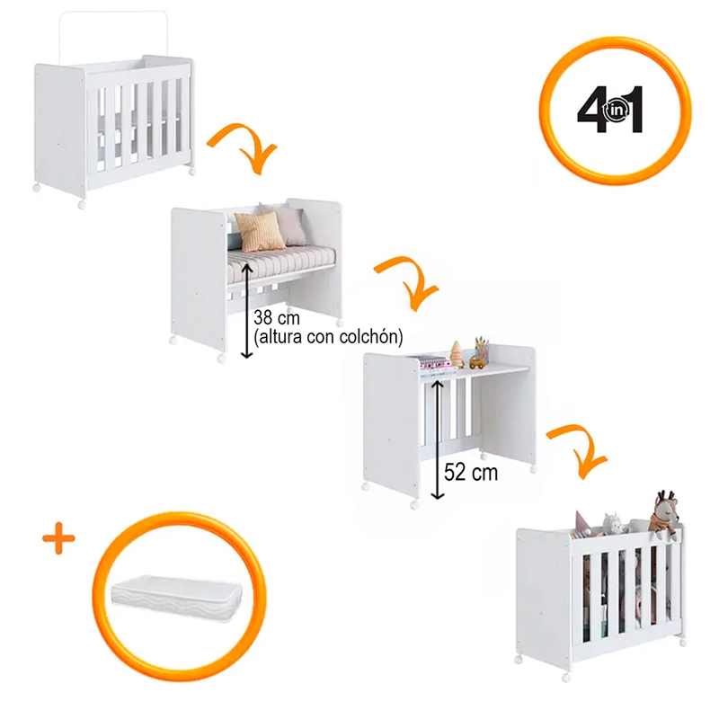 MINI CUNA KIDSCOOL 4 EN 1 CON COLCHÓN BLANCO - 2