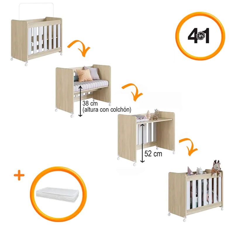 MINI CUNA KIDSCOOL 4 EN 1 CON COLCHÓN ROBLE - 4