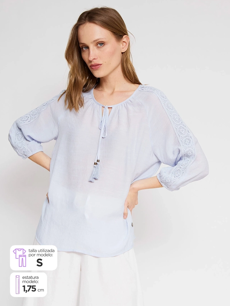 BLUSA MUJER AZIZ MANGA 3/4 MACRAMÉ