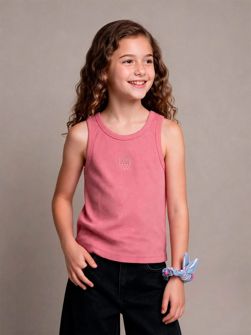 POLERA NIÑA HARVEST ALGODÓN SIN MANGAS RIB BORDADO