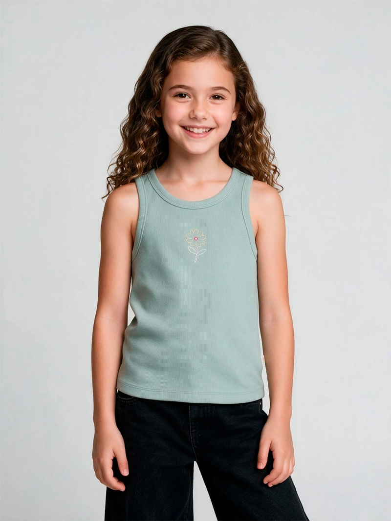 POLERA NIÑA HARVEST ALGODÓN SIN MANGAS RIB BORDADO - 1