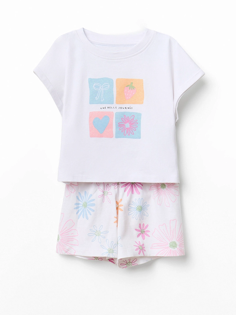 CONJUNTO NIÑA SFERA ALGODÓN POLERA MANGA CORTA CON DIBUJO PANTALÓN CORTO