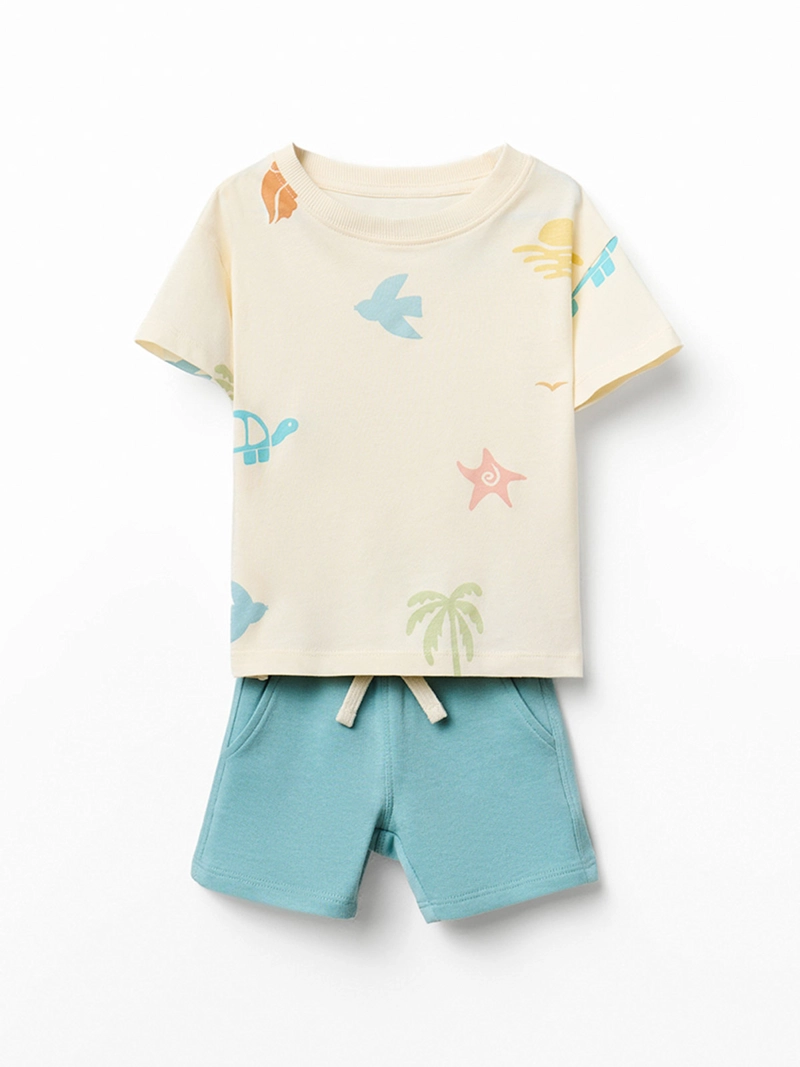 CONJUNTO BEBÉ NIÑO SFERA ALGODÓN  POLERA ESTAMPADA Y PANTALÓN CORTO CORDÓN AJUSTABLE