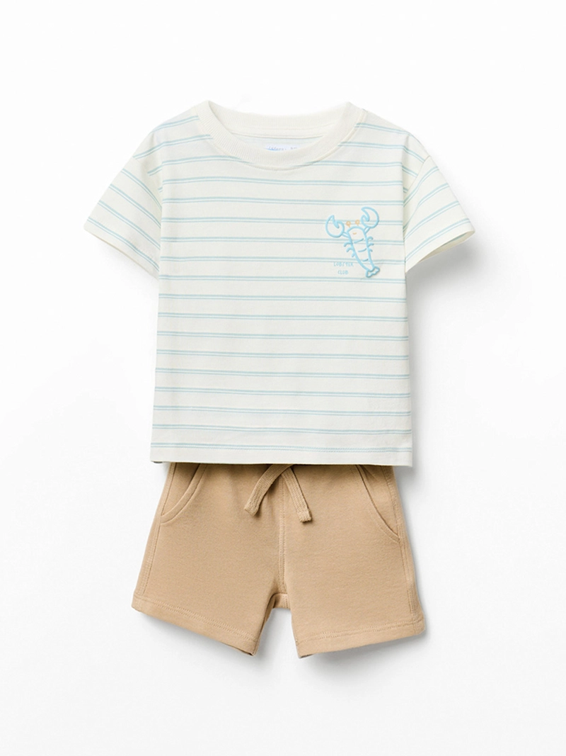 CONJUNTO BEBÉ NIÑO SFERA ALGODÓN POLERA A RAYAS LANGOSTA Y PANTALÓN CORTO CORDÓN AJUSTABLE