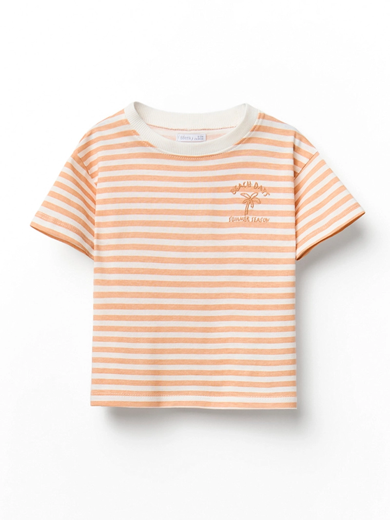 POLERA BEBÉ NIÑO SFERA ALGODÓN MANGA CORTA RAYAS DETALLE PALMERA BORDADA