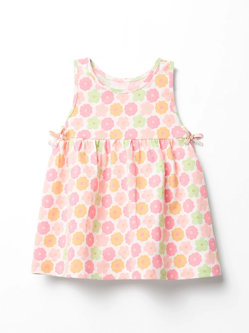 VESTIDO BEBÉ NIÑA SFERA ALGODÓN CUELLO REDONDO DETALLE LAZOS LATERALES