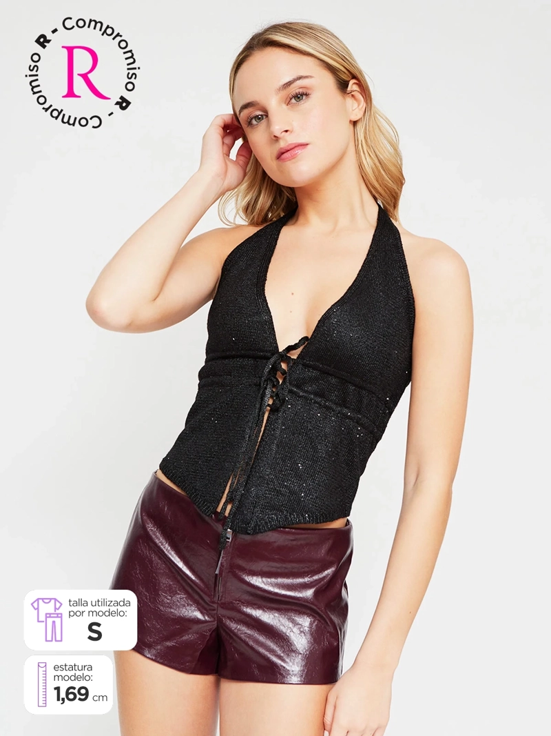 POLERA MUJER INDEX HALTER TEJIDO LENTEJUELAS