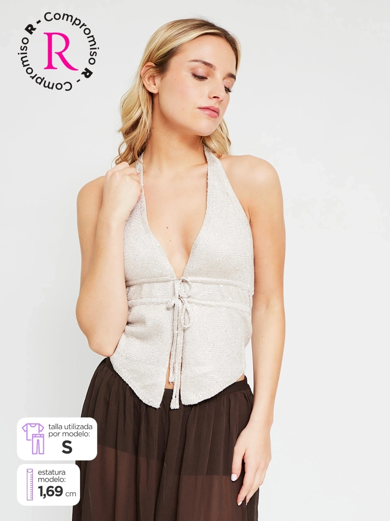 POLERA MUJER INDEX HALTER TEJIDO LENTEJUELAS