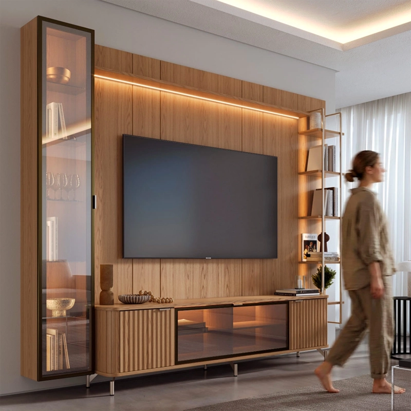 RACK PANEL DECOCASA NEON FLOAT LED 2.2 + VITRINA 1 PUERTA + REPISA