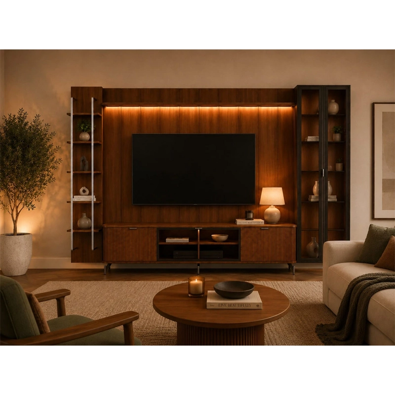 RACK PANEL DECOCASA NEON FLOAT LED 80" + 2 VITRINAS 2 PUERTAS + RESPISAS