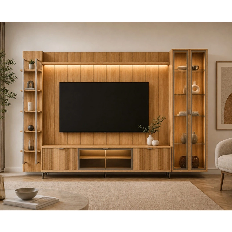 RACK PANEL DECOCASA NEON FLOAT LED 80" + 2 VITRINAS 2 PUERTAS + RESPISAS