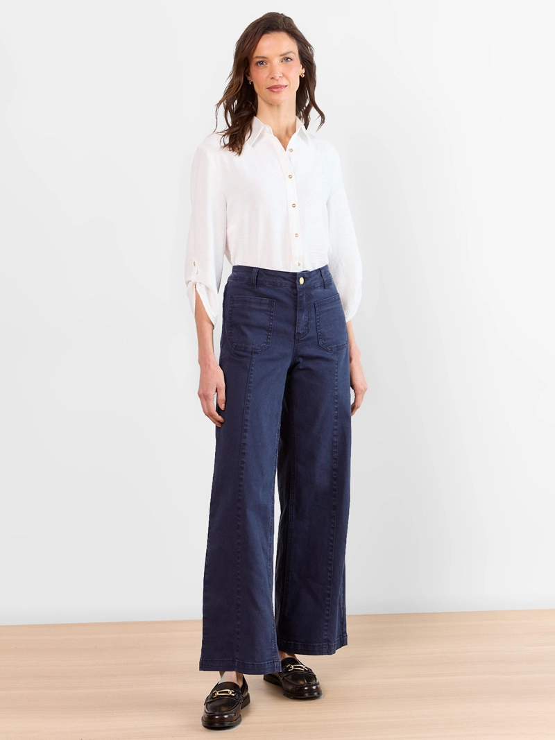 JEANS MUJER MAGRIFFE WIDELEG FIT TIRO ALTO BOLSILLOS PARCHES DELANTEROS Y TRASEROS