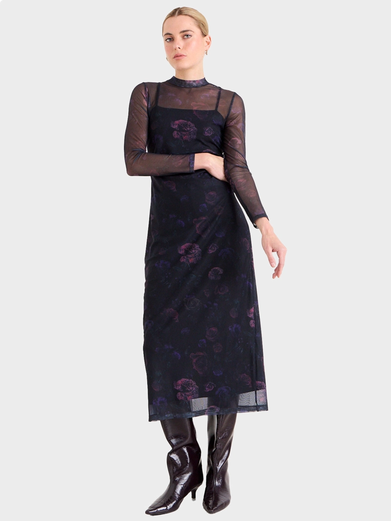 VESTIDO MUJER ASH LARGO ESTAMADO EN MESH MANGA LARGA CUELLO ALTO - 1