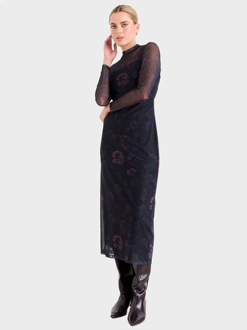 VESTIDO MUJER ASH LARGO ESTAMADO EN MESH MANGA LARGA CUELLO ALTO - 3