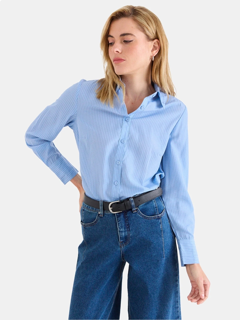 BLUSA MUJER ASH MANGA LARGA CUELLO CAMISERO TELA RAYADA - 1