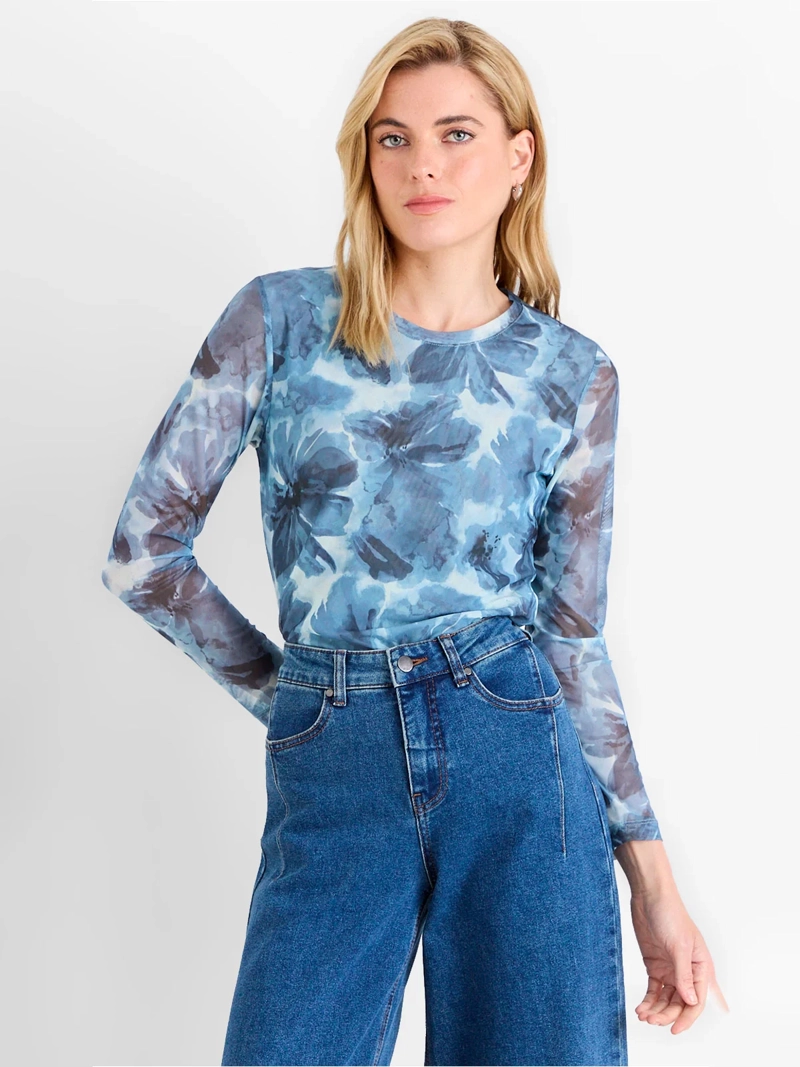 POLERA MUJER ASH MANGA LARGA CUELLO REDONDO DISEÑO PRINT FLORAL