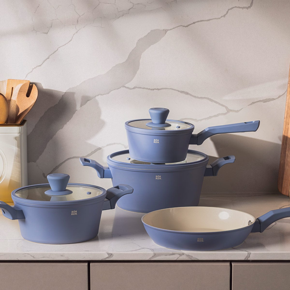 BATERÍA DE COCINA BÖRKEN CERAMIC SLATE 7 PIEZAS CELESTE - 1