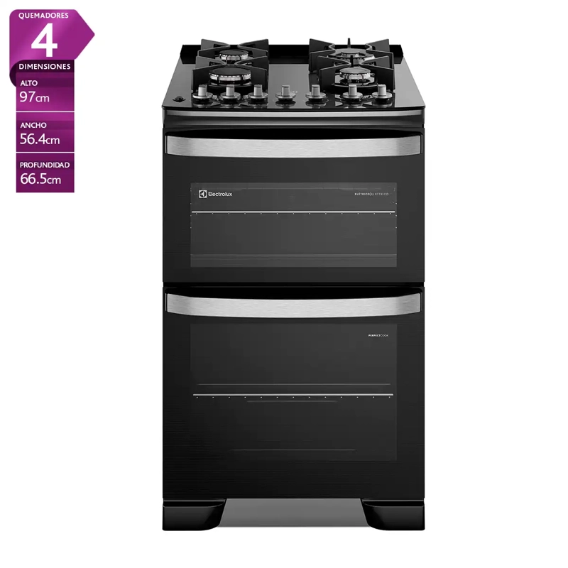 COCINA A GAS ELECTROLUX F4EDB 4 PLATOS DOBLE HORNO NEGRO