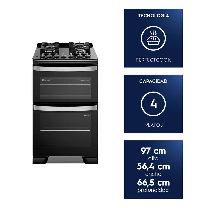 COCINA A GAS ELECTROLUX F4EDB 4 PLATOS DOBLE HORNO NEGRO - 7