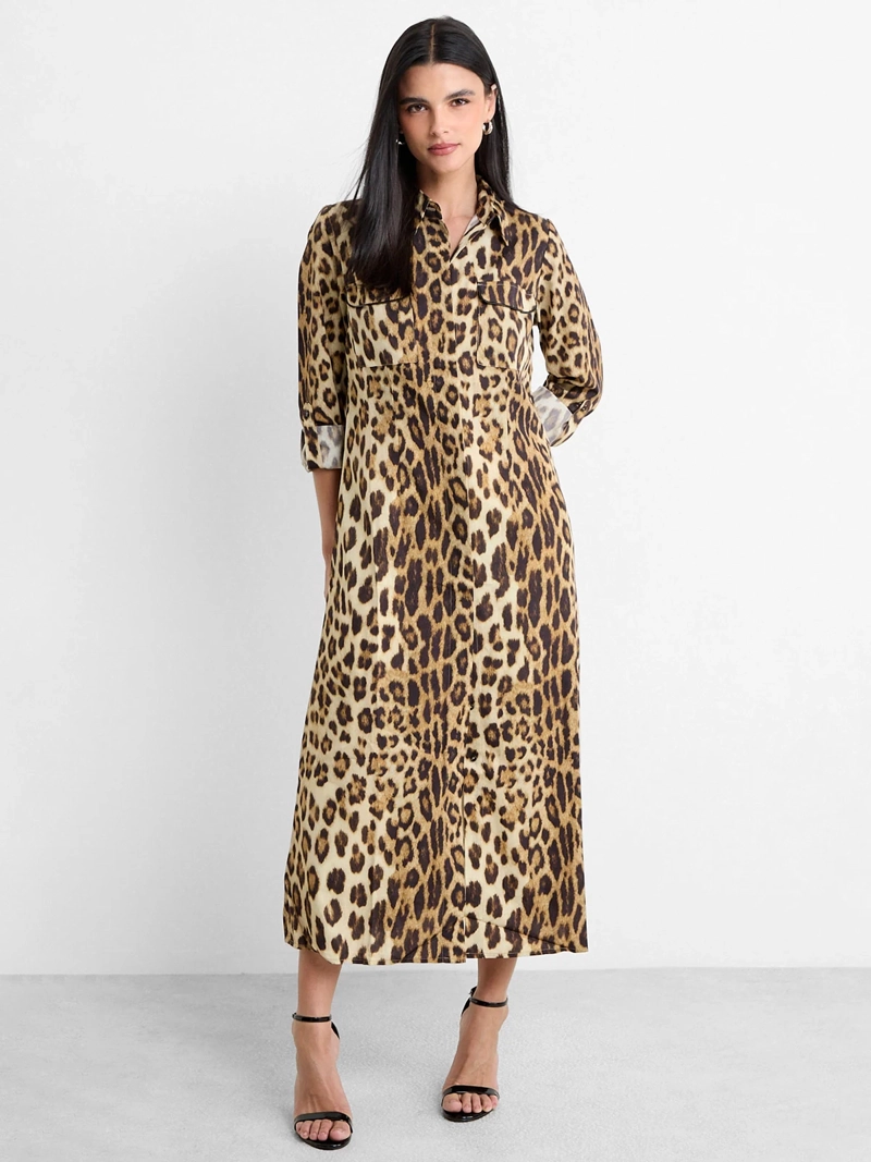 VESTIDO MUJER ASH CAMISERO ESTAMPADO ANIMAL PRINT MIDI CUELLO CLÁSICO - 1