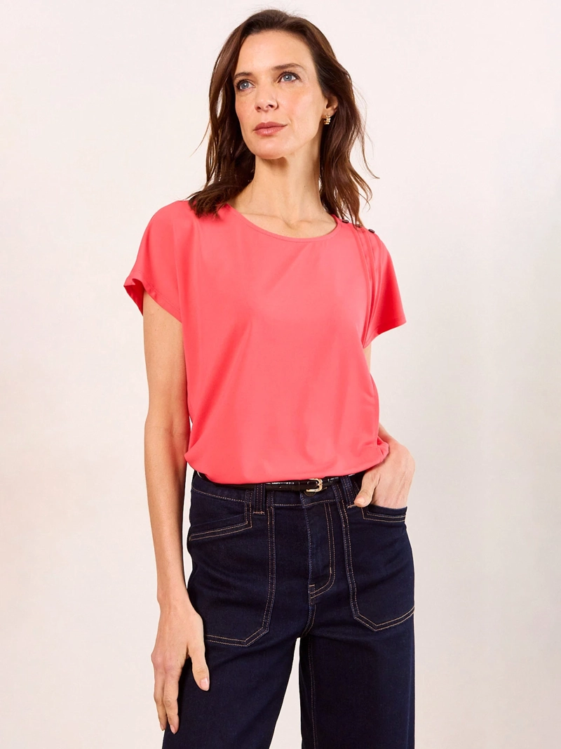 POLERA MUJER MA GRIFFE CUELLO REDONDO MANGA CORTA PLISADOS
