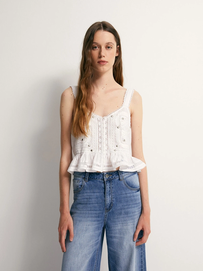 BLUSA MUJER SFERA ALGODÓN ENCAJE TIRAS - 2