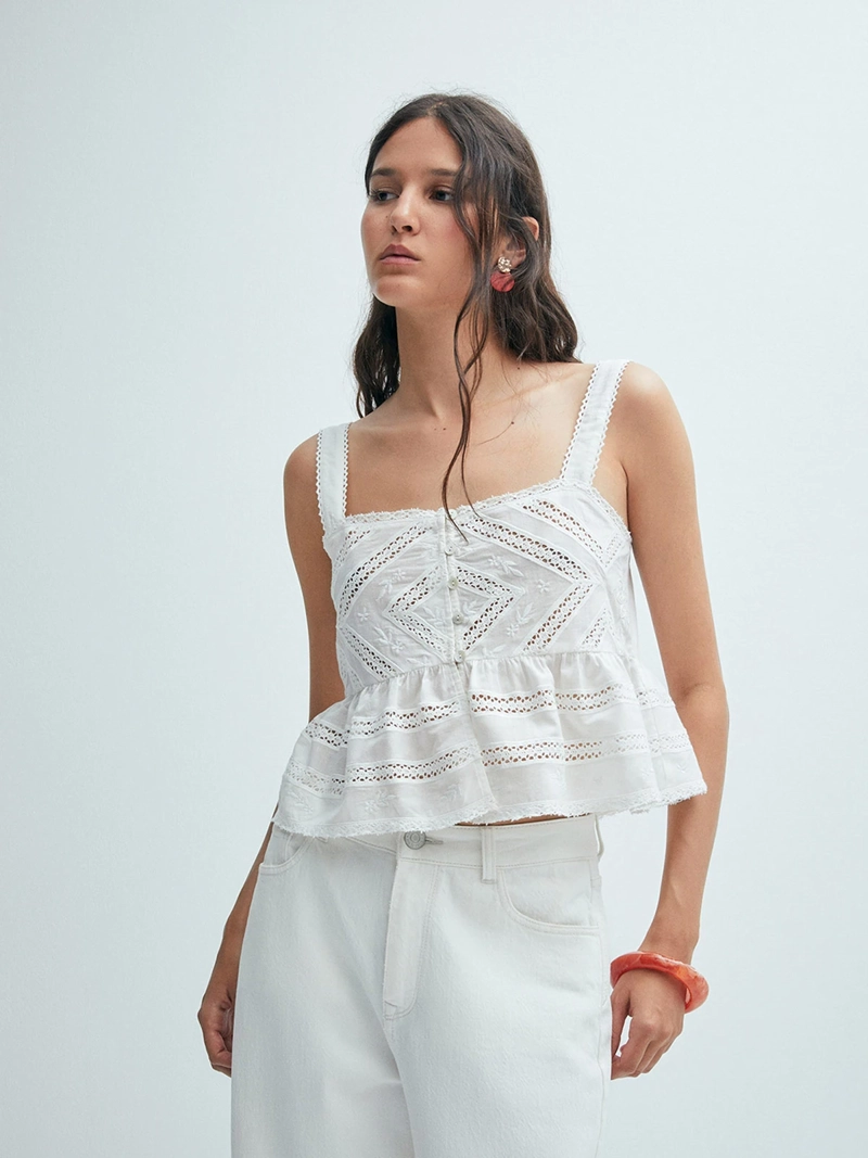 BLUSA MUJER SFERA ALGODÓN ENCAJE TIRAS - 3