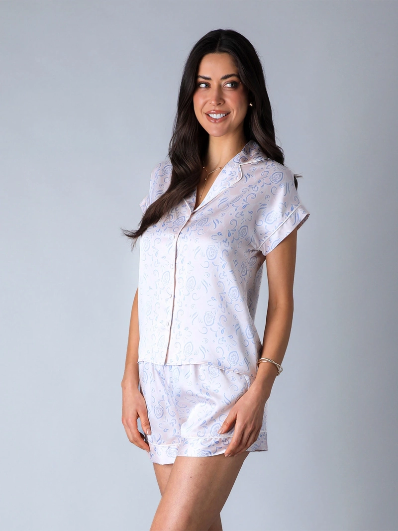PIJAMA MUJER FLORES TOP + SHORT CAMISERO - 1