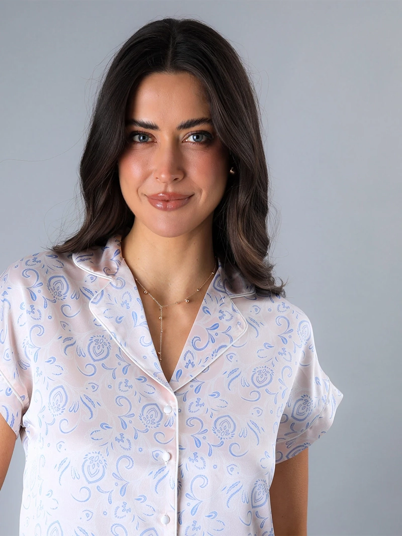 PIJAMA MUJER FLORES TOP + SHORT CAMISERO - 3