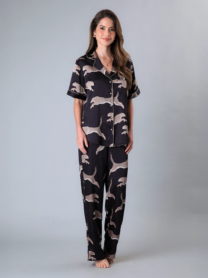 PIJAMA MUJER FLORES CAMISERO + PANTALÓN SATÍN