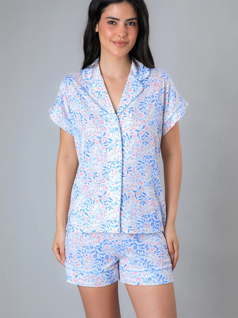 PIJAMA MUJER FLORES TOP + SHORT CAMISERO - 2