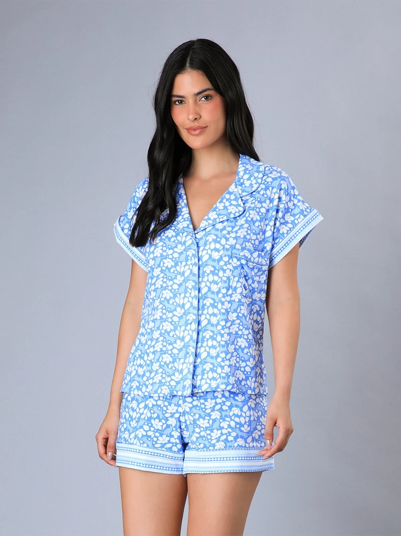 PIJAMA MUJER FLORES ALGODÓN TOP CAMISERO + SHORT - 1
