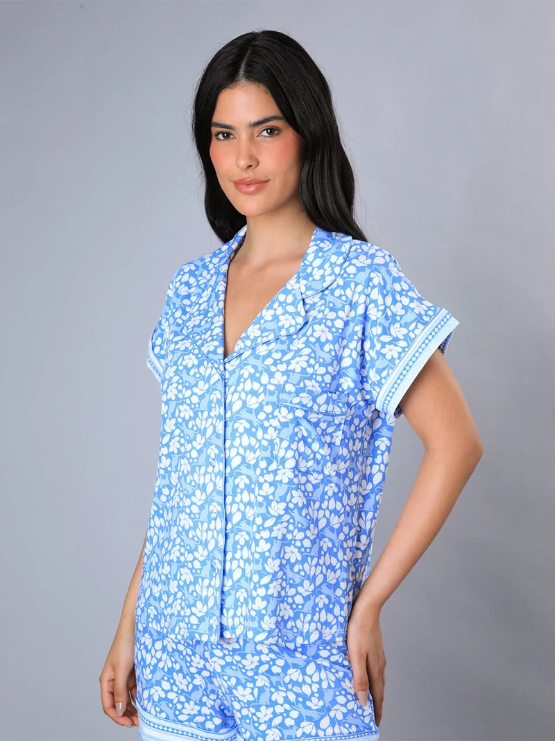 PIJAMA MUJER FLORES ALGODÓN TOP CAMISERO + SHORT - 2