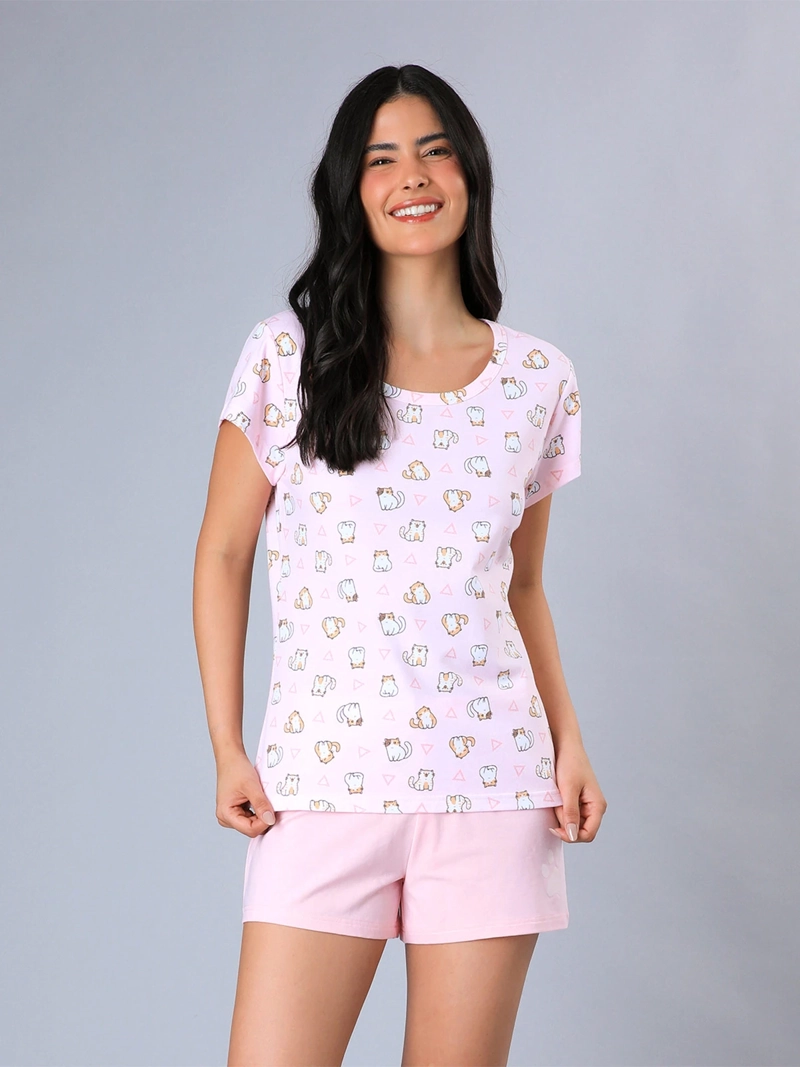 PIJAMA MUJER FLORES ALGODÓN TOP + SHORT EN CAJA - 1