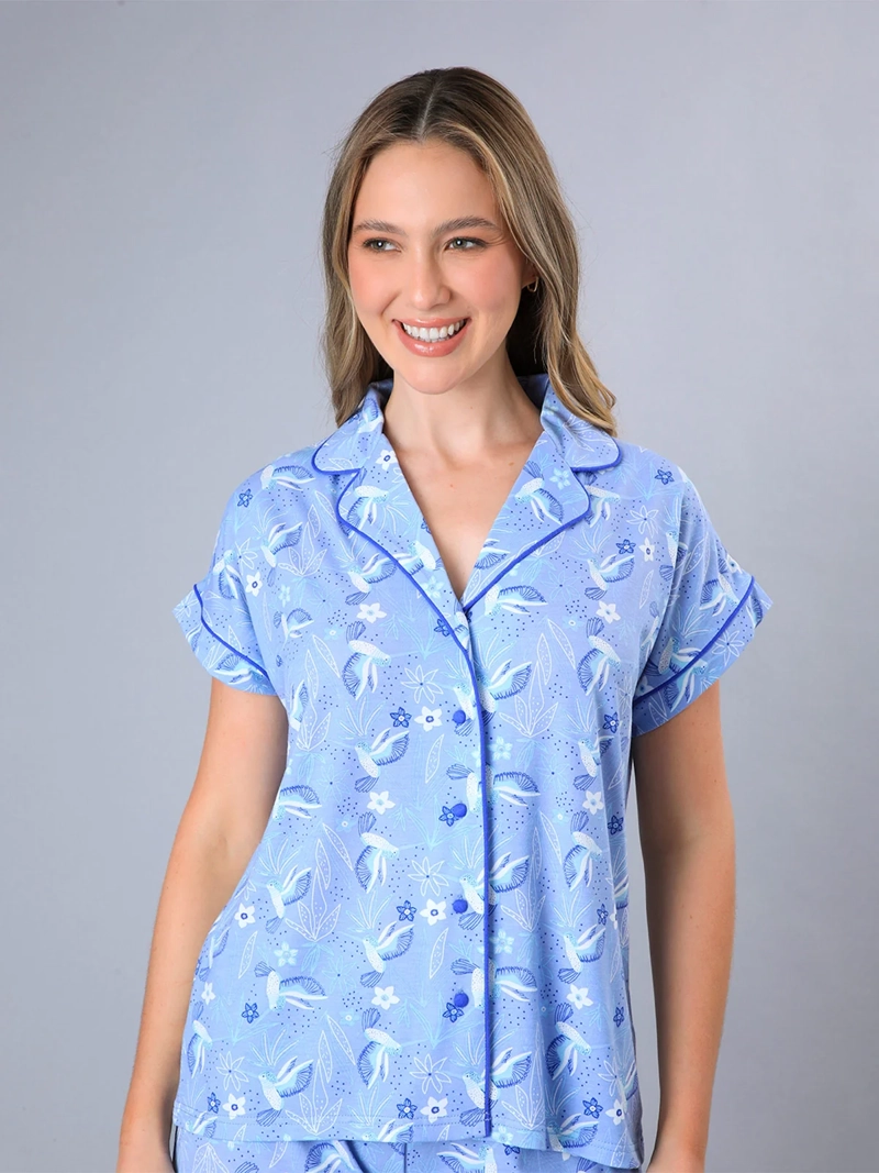 PIJAMA MUJER FLORES ALGODÓN TOP + SHORT CAMISERO EN CAJA - 2